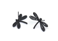 Black Dragonfly Earring, 4 Oxidized Black Brass Dragonfly Stud Earrings (21x14mm) N1668