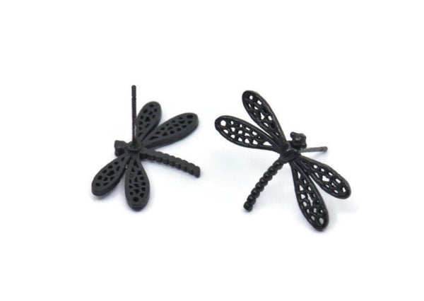 Black Dragonfly Earring, 4 Oxidized Black Brass Dragonfly Stud Earrings (21x14mm) N1668