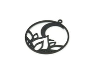 Black Round Charm, 6 Oxidized Black Brass Lotus Flower And Crescent Moon Patterned Round Charms With 1 Loop (31x28x0.60mm) A3301