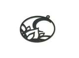 Black Round Charm, 6 Oxidized Black Brass Lotus Flower And Crescent Moon Patterned Round Charms With 1 Loop (31x28x0.60mm) A3301