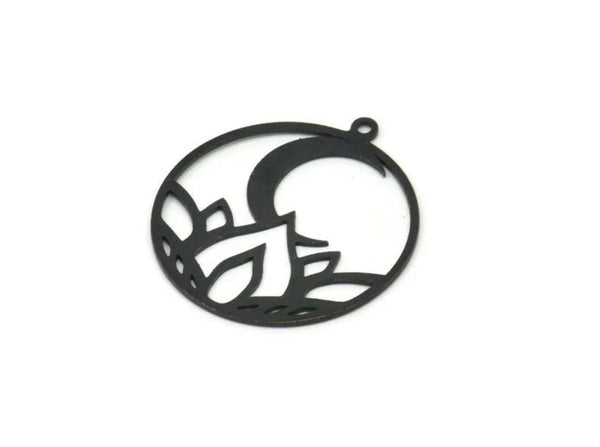 Black Round Charm, 6 Oxidized Black Brass Lotus Flower And Crescent Moon Patterned Round Charms With 1 Loop (31x28x0.60mm) A3301