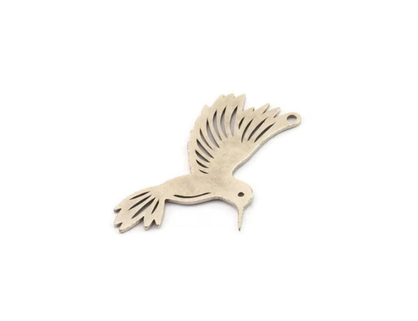 Silver Bird Charm, 6 Antique Silver Plated Brass Hummingbird Shaped Charms With 1 Loop, Findings (32.5x17.5x0.60mm) A6513