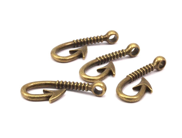 Bronze Fish Hook, 12 Fish Hook Charms Bracelet Parts (40x16mm)--R078