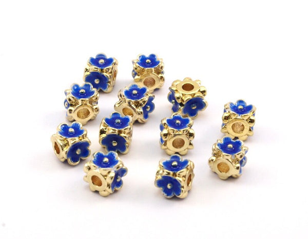 Enamel Brass Bead, 2 Brass Flower Enamel Beads (6mm)  B-5