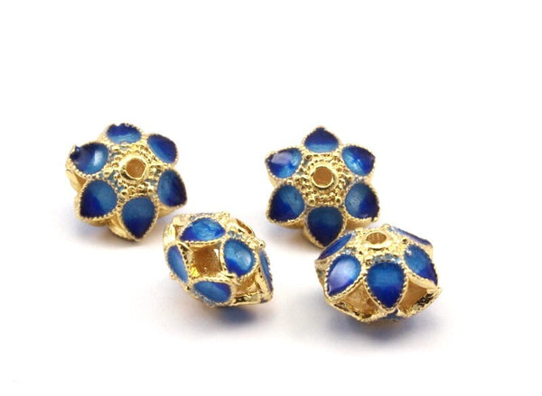 Enamelled Brass Beads, 2 PCS Blue Enamel Flower Connectors 9x7mm B-5