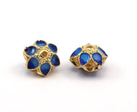 Enamelled Brass Beads, 2 PCS Blue Enamel Flower Connectors 9x7mm B-5