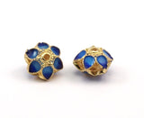 Enamelled Brass Beads, 2 PCS Blue Enamel Flower Connectors 9x7mm B-5