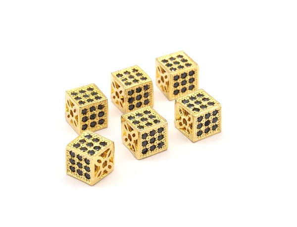 Square Bead, 1 CZ Zirconia Gold Square Bead  (6mm) W1600816  B-4