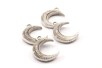 Gümüş Ay Kolye, 2 Antik Gümüş Kaplama Pirinç Dokulu Boynuz Tılsımı, Kolye, Mücevher Parçası (19x6x4.50mm) N0270