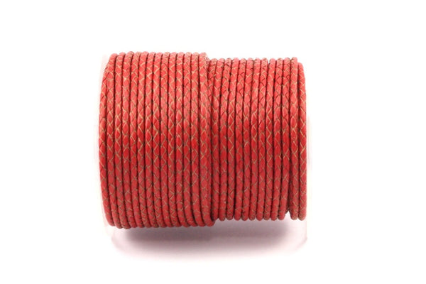 Red Braided Leather Cord, 1 Meter Leather Cord, Genuine Round Leather Cord (3mm) B3009