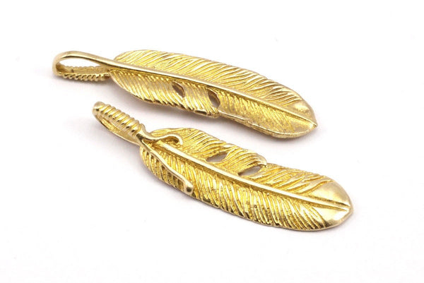 Feather Necklace Finding, 2 Raw Brass Feather Charms, Feather Pendants (54x14mm) N0174