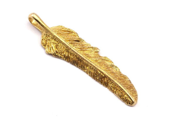 Bird Feather Pendant, Raw Brass Feather Charms, Feather Pendants (62x16mm) N0182