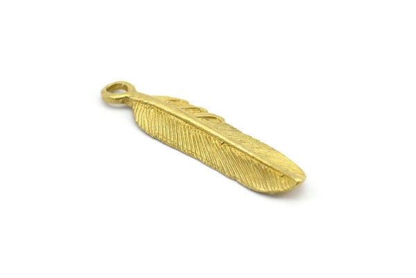 Brass Feather Charm, 4 Raw Brass Feather Charms, Tribal Pendants with 1 Holes (33x8.5mm) N0418