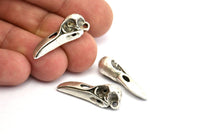 Bird Skull Charm, 4 Antique Silver Plated Brass Bird Skull Pendants, (27x10x8mm) N0493