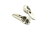 Bird Skull Charm, 4 Antique Silver Plated Brass Bird Skull Pendants, (27x10x8mm) N0493