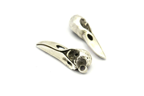 Bird Skull Charm, 4 Antique Silver Plated Brass Bird Skull Pendants, (27x10x8mm) N0493