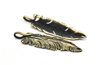 Bronze Feather Pendant , Oxidized Bronze Feather Charms, Necklace Findings (67x17mm) S557