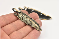 Bronze Feather Pendant , Oxidized Bronze Feather Charms, Necklace Findings (67x17mm) S557