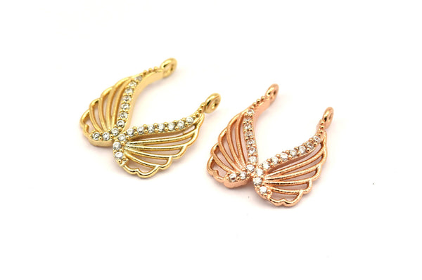 CZ Pave Wing Pendant, Cubic Zirconia Rose Gold-Gold Wing Pave Charm (19x16mm) cz4