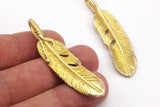 Feather Necklace Finding, 2 Raw Brass Feather Charms, Feather Pendants (54x14mm) N0174
