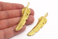 Bird Feather Pendant, Raw Brass Feather Charms, Feather Pendants (62x16mm) N0182