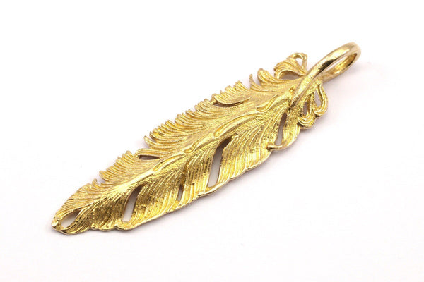 Bird Feather Pendant, Raw Brass Feather Charm, Feather Pendants (67x16mm) N0173