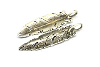 Bird Feather Pendant, 1 PC Antique Silver Plated Brass Feather Charm, Feather Pendants (67x16mm) N0173