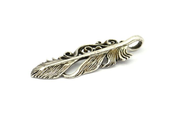 Gümüş Tüy Kolye, 2 Antik Gümüş Kaplama Pirinç Tüy Tılsımı, Tüy Kolye (46x14mm) N0185