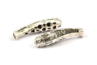 Gümüş Balık Boncuğu, 2 Antik Gümüş Kaplamalı Pirinç Dokulu Balık Boncuğu (34x8mm) N0364