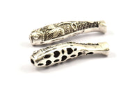 Gümüş Balık Boncuğu, 2 Antik Gümüş Kaplamalı Pirinç Dokulu Balık Boncuğu (34x8mm) N0364