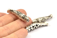 Gümüş Balık Boncuğu, 2 Antik Gümüş Kaplamalı Pirinç Dokulu Balık Boncuğu (34x8mm) N0364