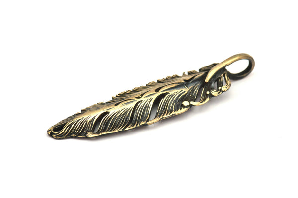 Bronze Feather Pendant , Oxidized Bronze Feather Charms, Necklace Findings (67x17mm) S557