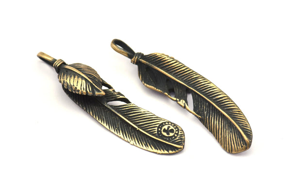 Bronze Feather Pendant , Oxidized Bronze Feather Charms, Necklace Findings (47x10mm) S562