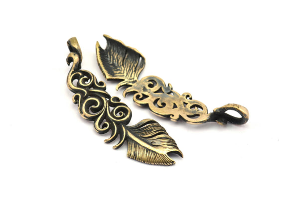 Bronze Feather Pendant , Oxidized Bronze Feather Charms, Necklace Findings (55x17mm) S563