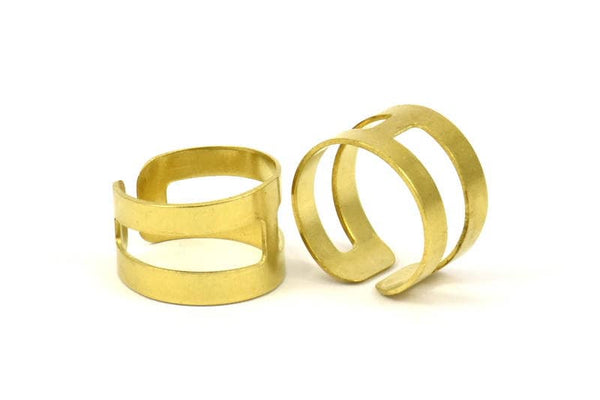 Striped Ring Setting - 12 Raw Brass Adjustable Geometric 2 Striped Ring Settings for Soldering (14mm) Mn52
