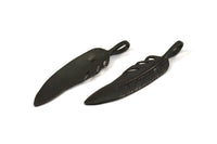 Black Feather Pendant , 2 Oxidized Brass Feather Charms, Feather Pendants (51x11.5mm) N0180 S586