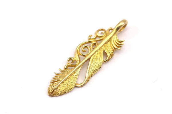 Brass Feather Pendant, Raw Brass Feather Charm, Feather Pendants (46x14mm) N0185
