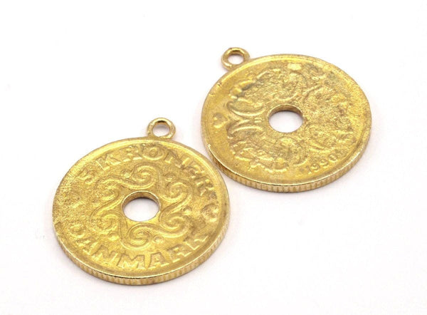 Denmark Coin Pendant,2 Raw Brass Coins, Coin Pendants (27x2mm) N0191