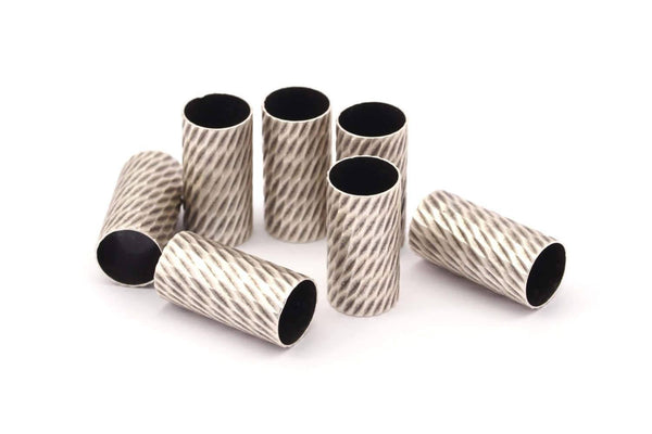 Textured Silver Tube, 12 Antique Silver Plated Brass Textured Tube Beads (8x16mm) H0117