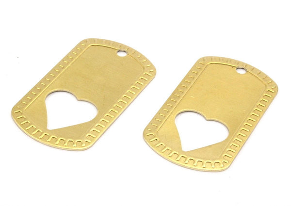 Heart Hole Tag, 4 Raw Brass Military Tags With Heart (50x28x0.80mm) B-17
