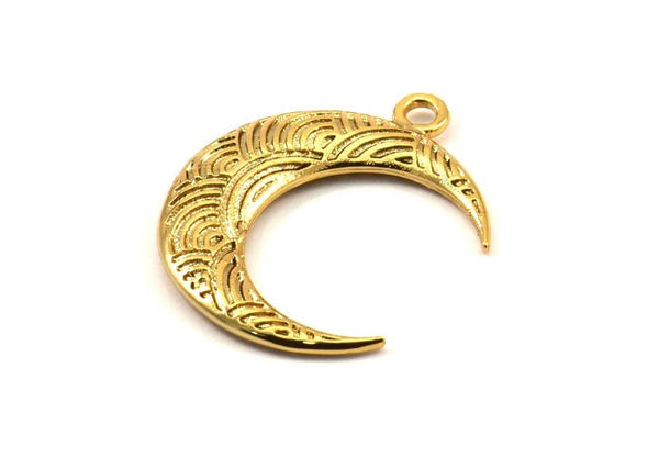 Gold Moon Charm, 1 Gold Plated Textured Horn Charms, Pendant, Jewelry Finding (27x8x3.30mm) N0237 Q0206
