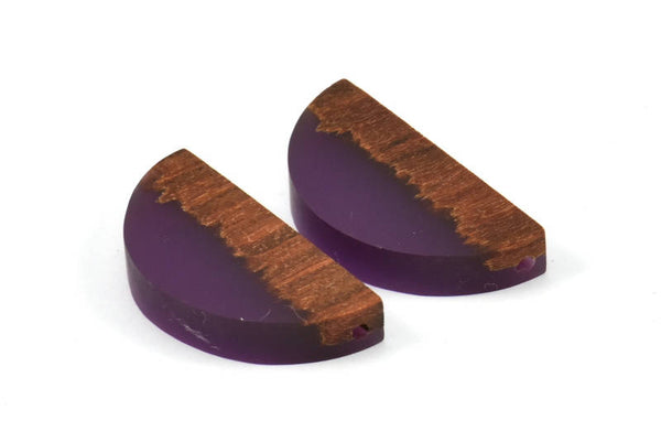 Resin&Wood Semicircle Pendant, 5 Purple Brown Half Moon Pendant with 2 Holes (32x16mm) X004