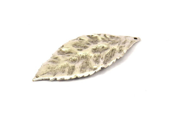Wide Brass Leaf, 1 Antique Silver Plated Brass Leaf Charms, Pendants (46x20mm) N0190