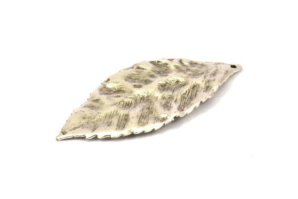 Wide Brass Leaf, 2 Antique Silver Plated Brass Leaf  Charms (46x20mm) N0190