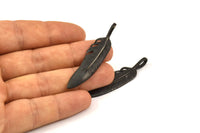 Black Feather Pendant , 2 Oxidized Brass Feather Charms, Feather Pendants (51x11.5mm) N0180 S586