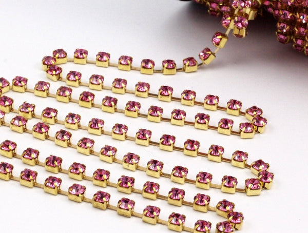 Crystal Rhinestone Chain, 3 Feet (3mm) Fuchsia Crystal Rhinestone Chain With Brass Frame Rh218 Z137