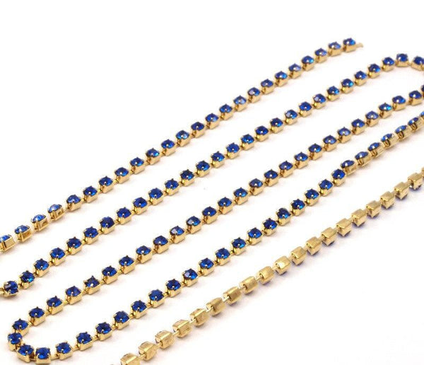 Chic Crystal Chain, 2 Feet Vintage (2.4mm) Sapphire Crystal Rhinestone Chain With Brass Frame - Made In Austria Au23 Z138