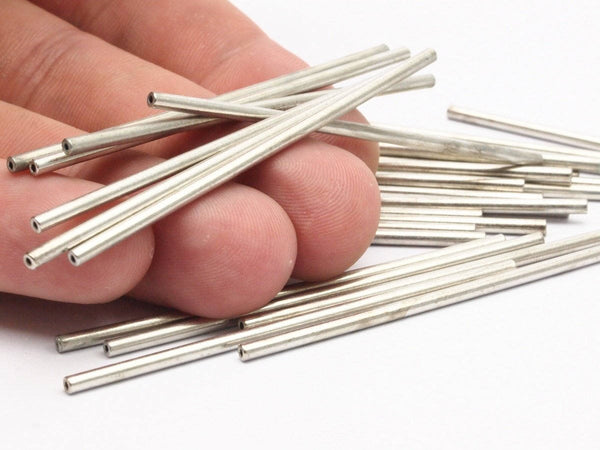 Silver Tube Beads - 25 Nickel Free Silver Tone Copper Long Tubes (60x2mm) D0448