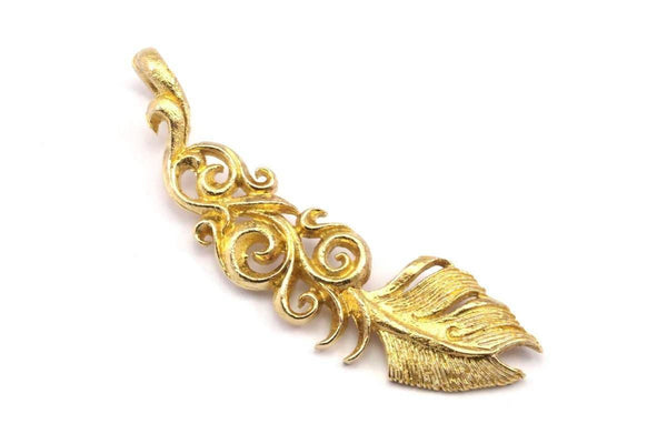 Bohemian Feather Pendant, Raw Brass Feather Charms, Feather Pendants (55x14mm) N0186