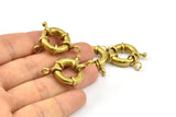 19mm Spring Ring Clasps, 6 Raw Brass Round Spring Ring Clasps with 2 Loops (19mm) BS 2362